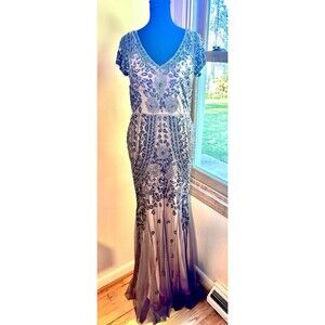 DAVID’S BRIDAL Taupe Silk V-neck Black Beads Nude Lined Cap Sleeves Long Dress 4